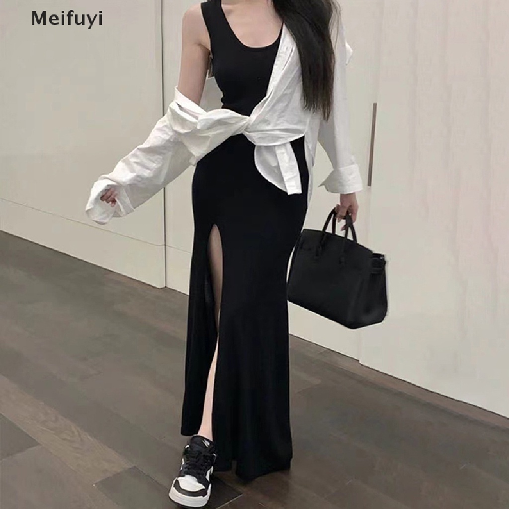 Đầm Dài Sát Nách Cổ Tròn Xẻ Tà Cao Màu Đen Thanh Lịch Thời Trang Mùa Hè Cho Bạn Gái