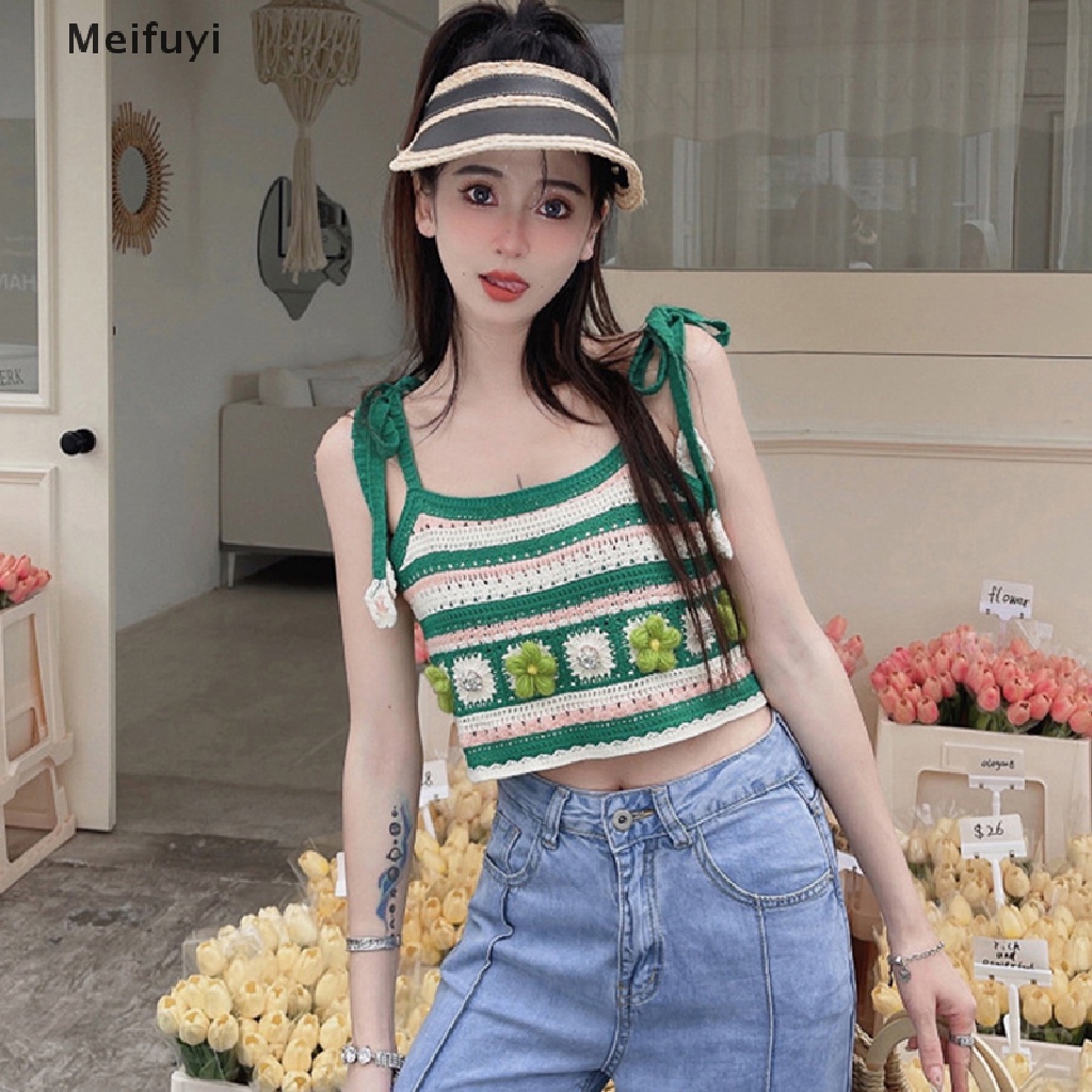 [Meifuyi] Áo Crop Top Dệt Kim Hai Dây Thắt Nơ Họa Tiết Hoa Xinh Xắn Cho Nữ