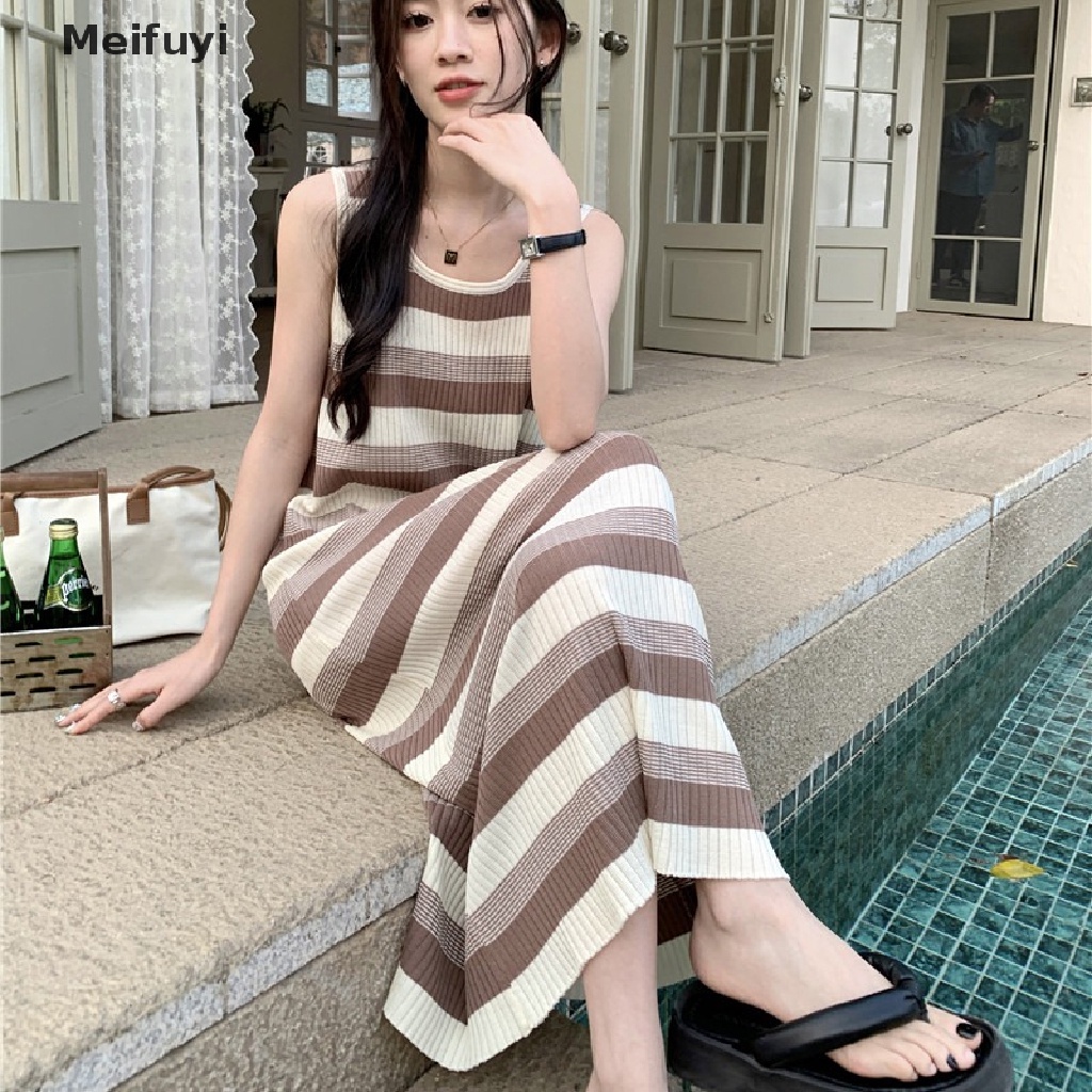 Đầm Maxi Dệt Kim Sát Nách Cổ Tròn Họa Tiết Kẻ Sọc Thời Trang Mùa Hè Cho Nữ