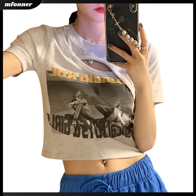 Áo Thun Crop Top Giả Hai Mảnh Cổ Tròn Tay Ngắn In Họa Tiết Thời Trang Gợi Cảm Cho Nữ