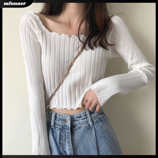 Áo Croptop Dệt Kim Tay Dài Cổ Vuông Màu Sắc Đơn Giản Cho Nữ