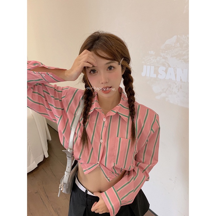 Áo Sơ Mi Nữ Tay Ngắn Dáng Rộng Kẻ Sọc Kiểu Hàn Quốc