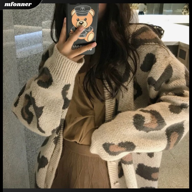 Áo Khoác Cardigan Dệt Kim Mỏng Tay Dài Dáng Rộng In Họa Tiết Da Báo Cá Tính Cho Nữ