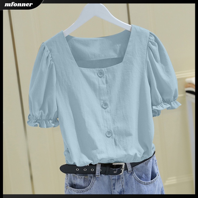 Áo Kiểu Cổ Vuông Tay Phồng Dáng Rộng Màu Sắc Đơn Giản Thời Trang Mùa Hè Cho Nữ