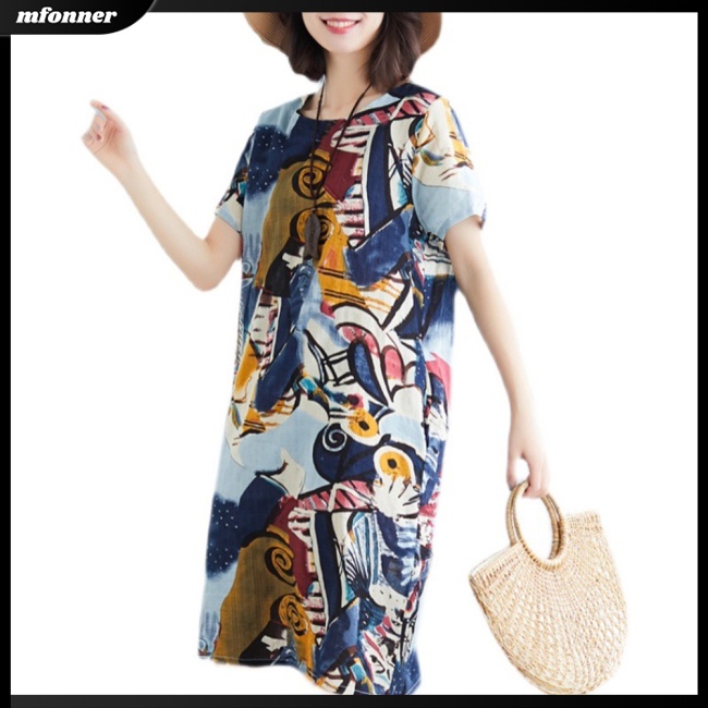 Đầm Midi Tay Ngắn In Họa Tiết Thổ Cẩm Cổ Điển Thời Trang Mùa Hè Xinh Xắn Cho Nữ