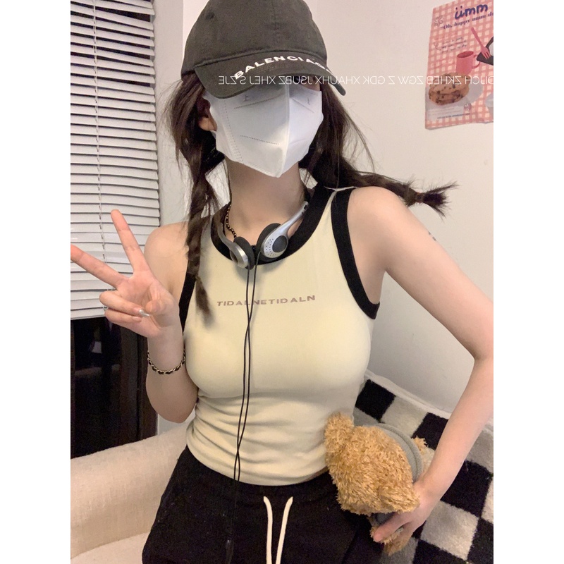 Áo Tank Top Hai Dây Ôm Dáng In Chữ Màu Tương Phản Kiểu Hàn Quốc Thời Trang Mùa Hè