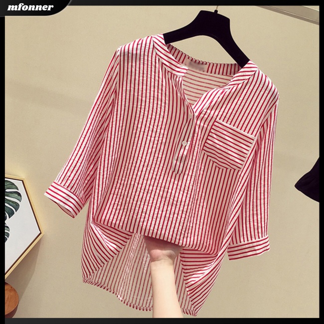 Áo Sơ Mi Chiffon Tay Lửng Dáng Rộng Cổ Chữ V Kẻ Sọc Dọc Thanh Lịch Cho Nữ