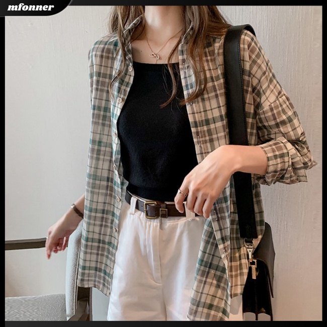 Áo Khoác Sơ Mi Caro Tay Dài Dáng Rộng Thời Trang Thu Đông Cho Nữ