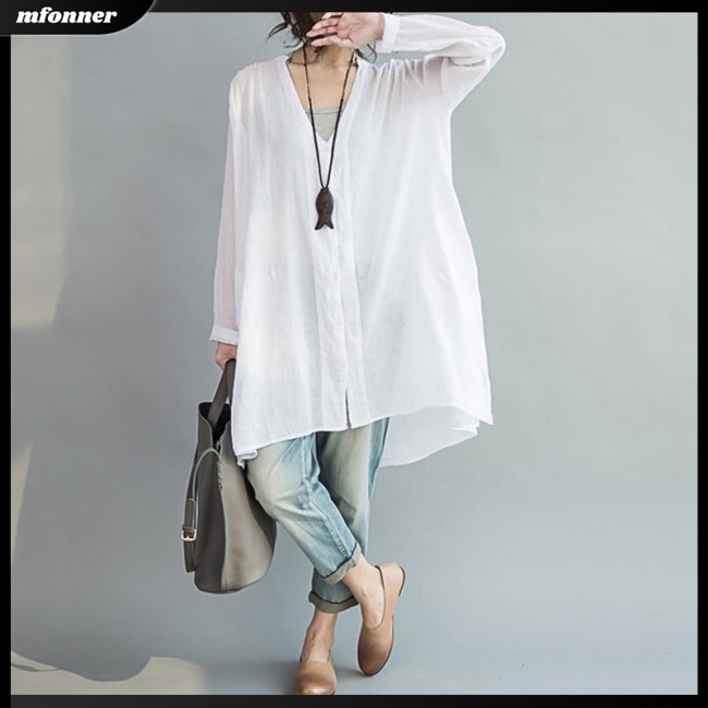 Áo Sơ Mi Tay Dài Dáng Rộng Cổ Chữ V Thời Trang Xuân Hè Cho Nữ