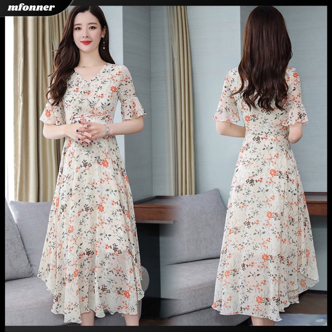 Đầm Dài Tay Cổ Chữ V In Hoa Thời Trang Mùa Hè Giản Dị Dành Cho Nữ