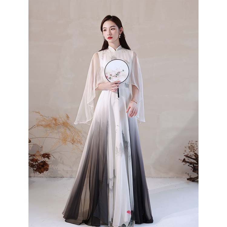 Đầm Chiffon In Họa Tiết Mực Vẽ Phong Cách Cổ Điển Thanh Lịch Thời Trang Cho Nữ