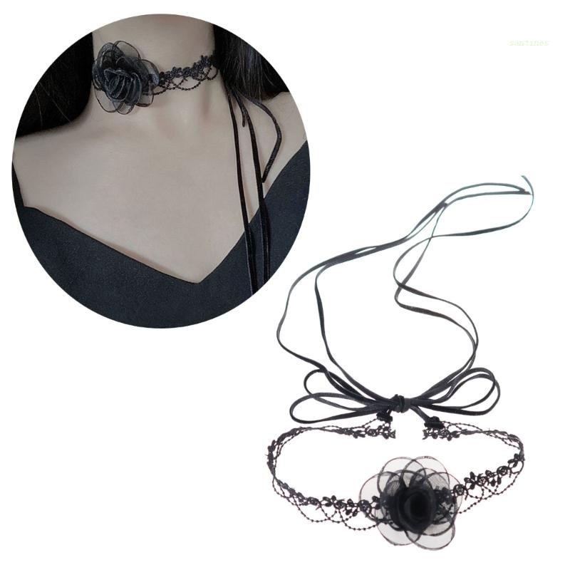 Vòng Cổ Choker Ren Hoa Trà Đen Phong Cách Retro Thời Trang Cho Nữ