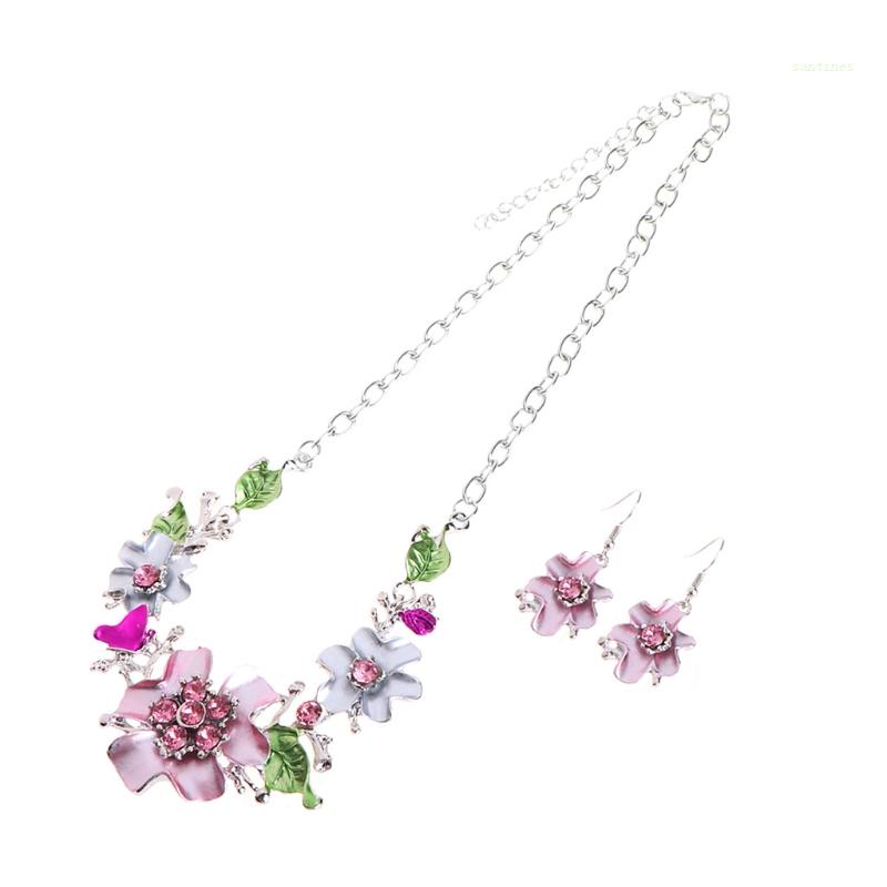 Bộ Vòng cổ + Bông Tai Bằng Hợp Kim Đính Đá Hình Hoa Thời Trang Cho Nữ