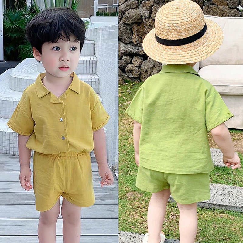 Bộ Khung Đồ Chơi Cho Bé❤Bộ Áo Sơ Mi Ngắn Tay Cài Khuy + Quần Short Màu Sắc Trơn Thời Trang Đi Biển Mùa Hè Cho Bé Trai