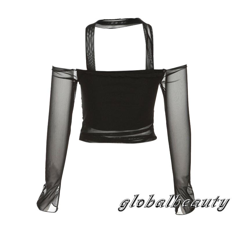 Áo Croptop Dài Tay Trễ Vai Phối Lưới Xuyên Thấu Phong Cách Đường Phố Gợi Cảm