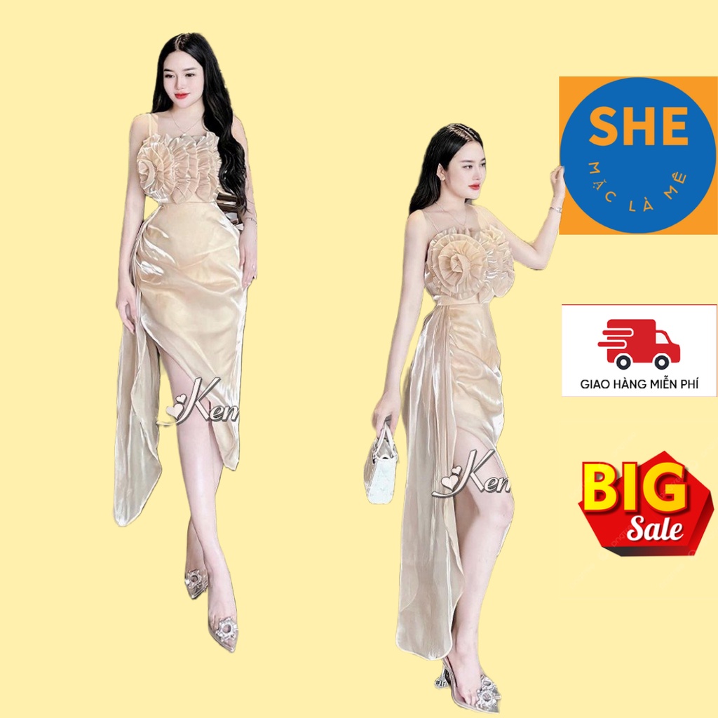 Đầm Dạ Hội Dự Tiệc Sang Chảnh 2s Ngực Kết Hoa Váy Xẻ Tà Chất Vải Tơ Óng Mềm Mại Ôm Body Duyên Dáng Quyến Rũ ( SHE )