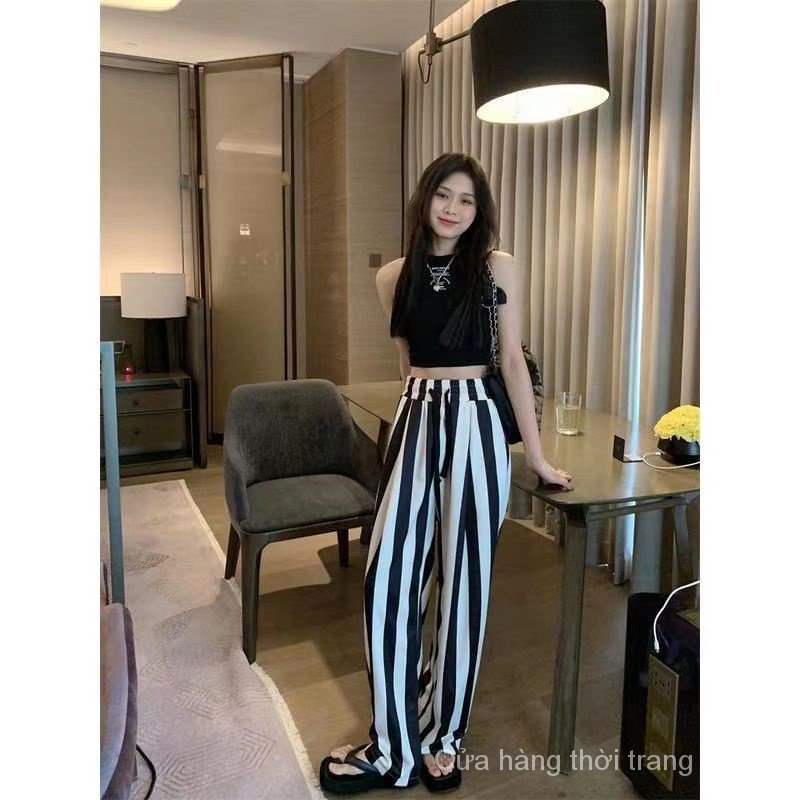 Quần Dài Ống Rộng Lưng Cao Kẻ Sọc Trắng Đen Thời Trang Mùa Hè Cho Nữ