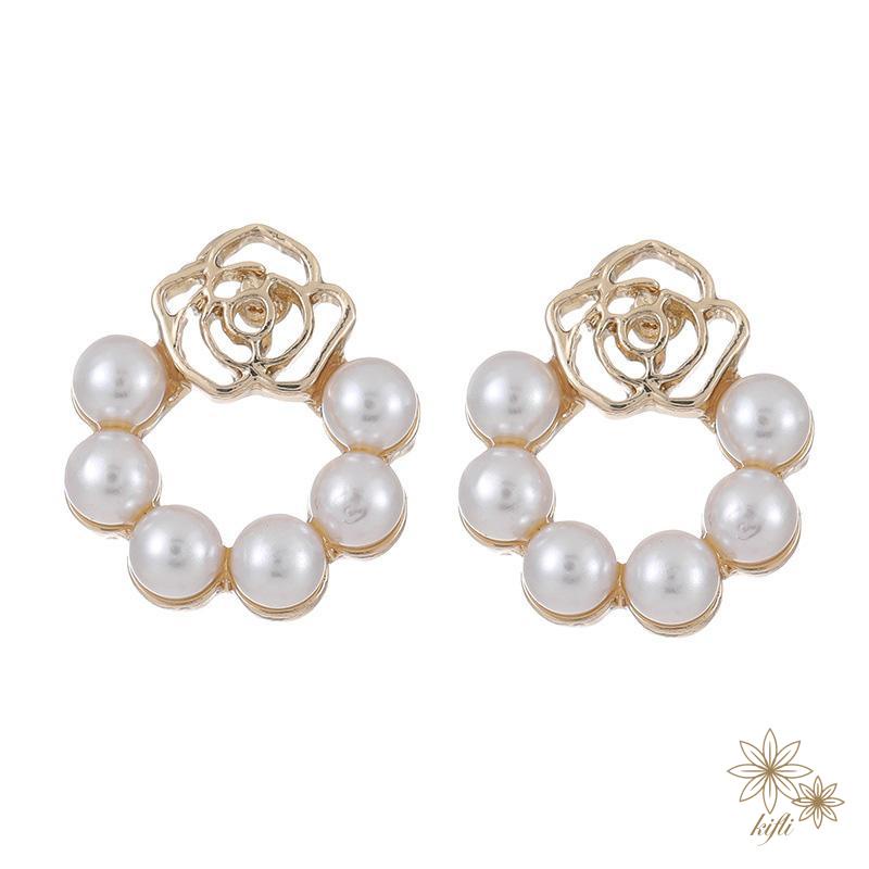 Bông tai khuyên tai bạc nữ đính ngọc trai thời trang Hàn Quốc Pha lê Nơ hồng Hoa tai hình cho phụ nữ Quà tặng phụ kiện trang sức