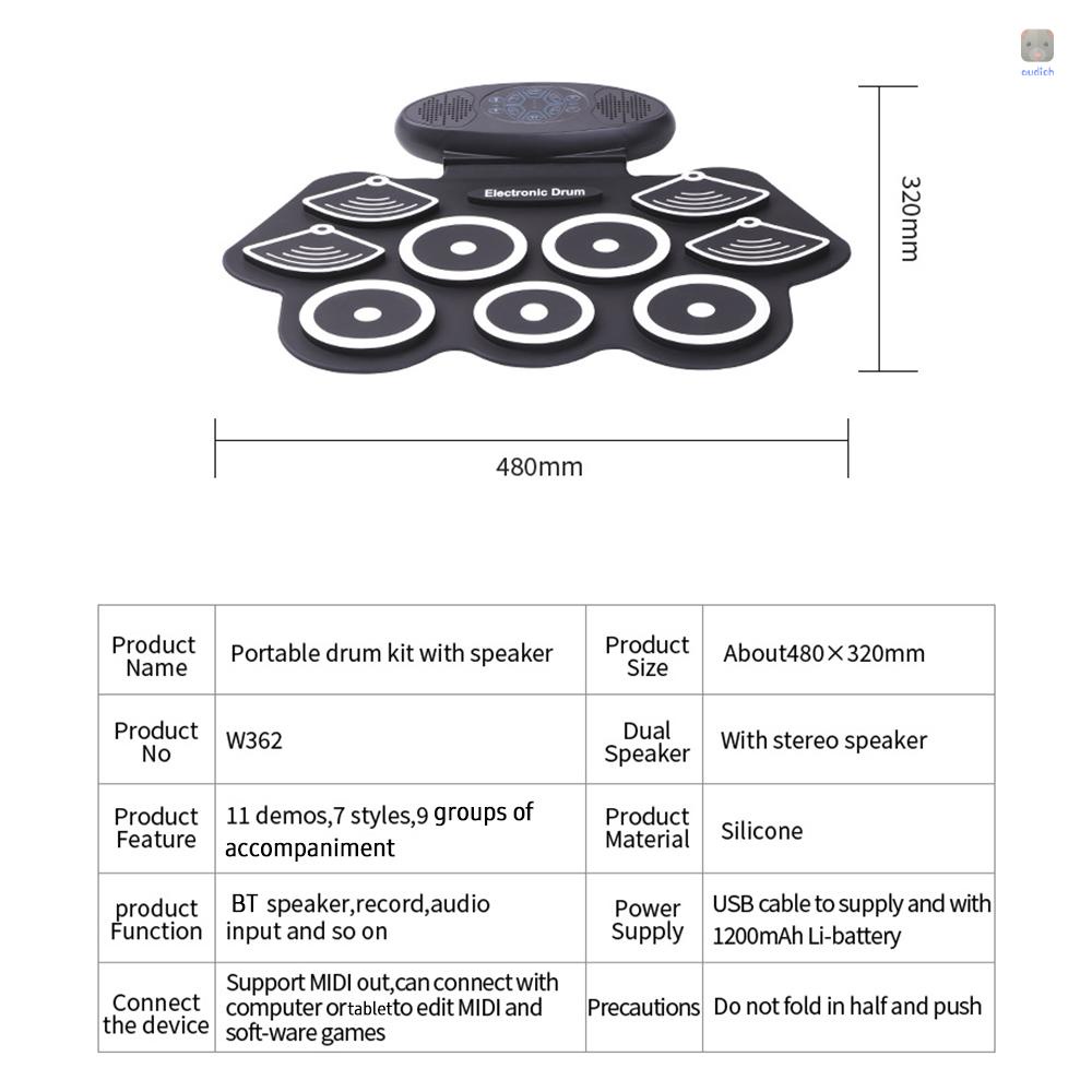 Bộ Trống Cuộn Điện Tử 9 Đệm Silicone Tích Hợp 2 Loa Đa Năng Có Thể Sạc Lại Hỗ Trợ Ghi Âm / Chức Năng Ghi Âm