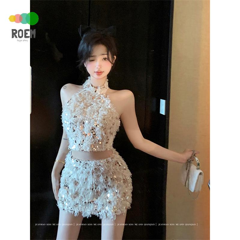 Set Áo Cổ Yếm Phối Chân Váy Tua Rua Đính Kim Sa Lấp Lánh Thời Trang Quyến Rũ Cho Nữ