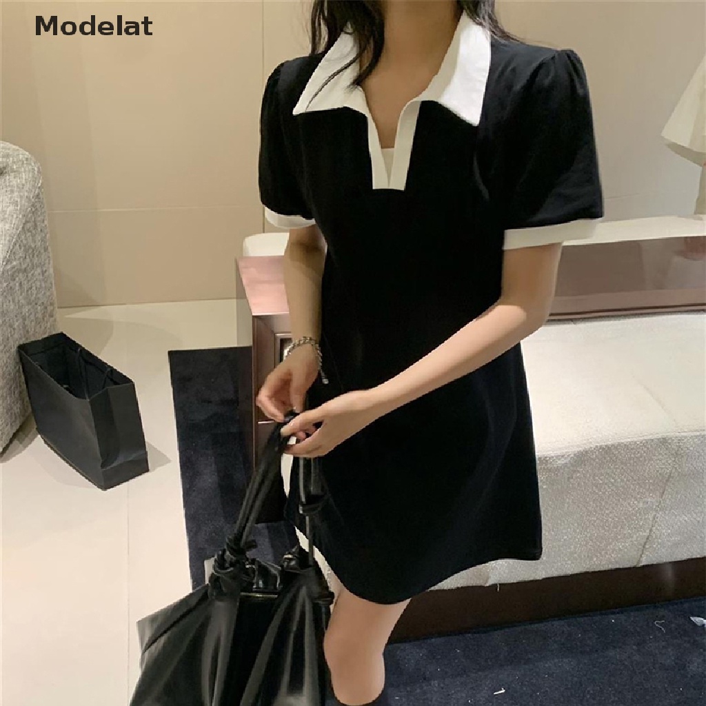 Mfc Đầm Mini Tay Ngắn Cổ Bẻ Màu Tương Phản Thời Trang Dành Cho Nữ