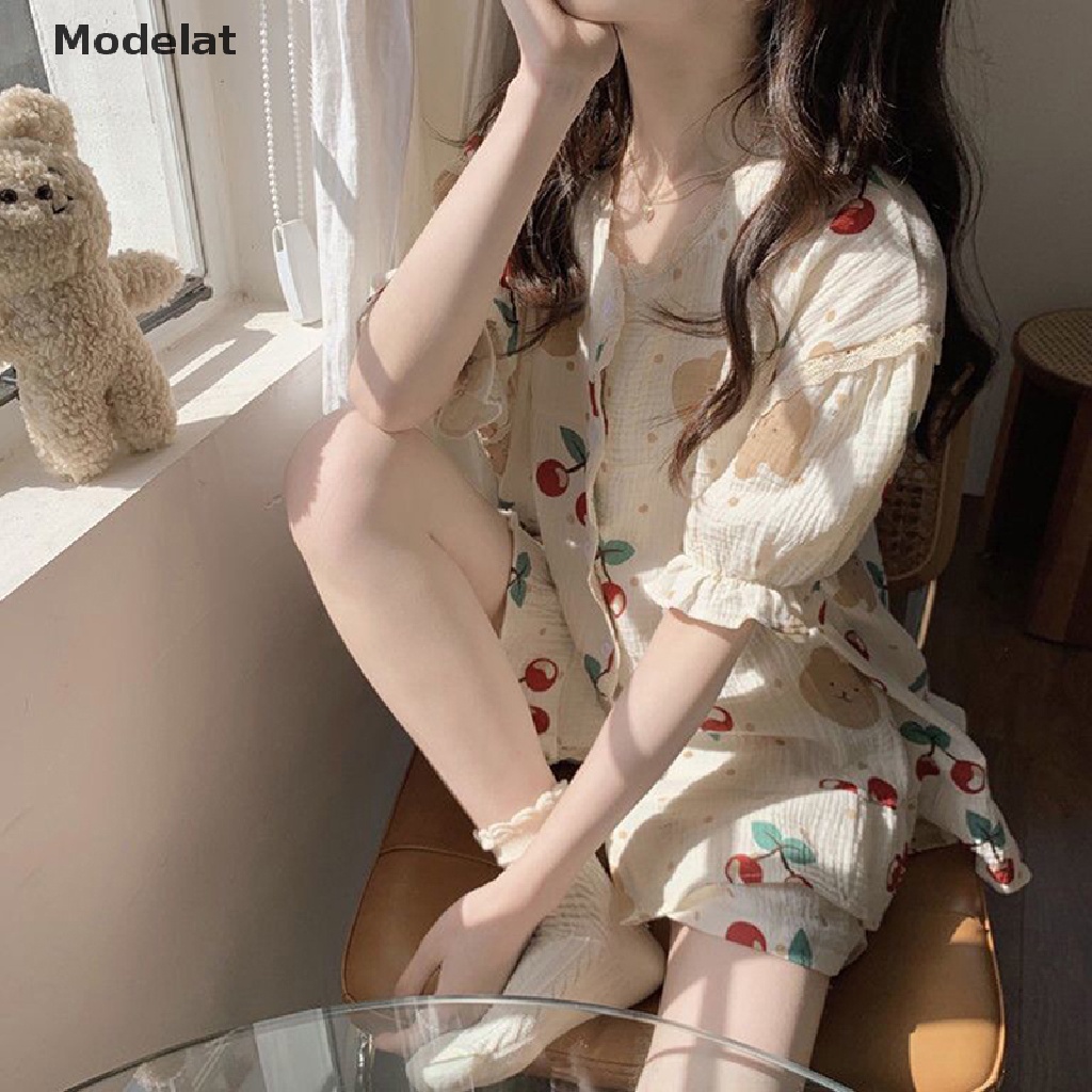 Mfc Bộ Đồ Ngủ 2 Món Tay Ngắn Cổ Bẻ In Họa Tiết Hoạt Hình Chú Gấu / Cherry Đáng Yêu Thời Trang Mùa Hè Cho Nữ