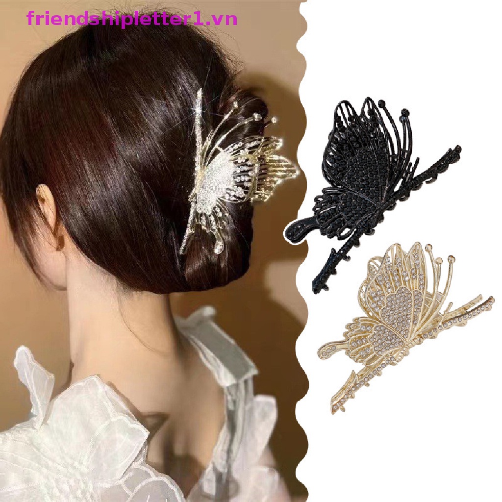 Kẹp Tóc Hình Bướm Đính Kim Cương Giả Màu Vàng Phong Cách Vintage Thanh Lịch Cho Nữ