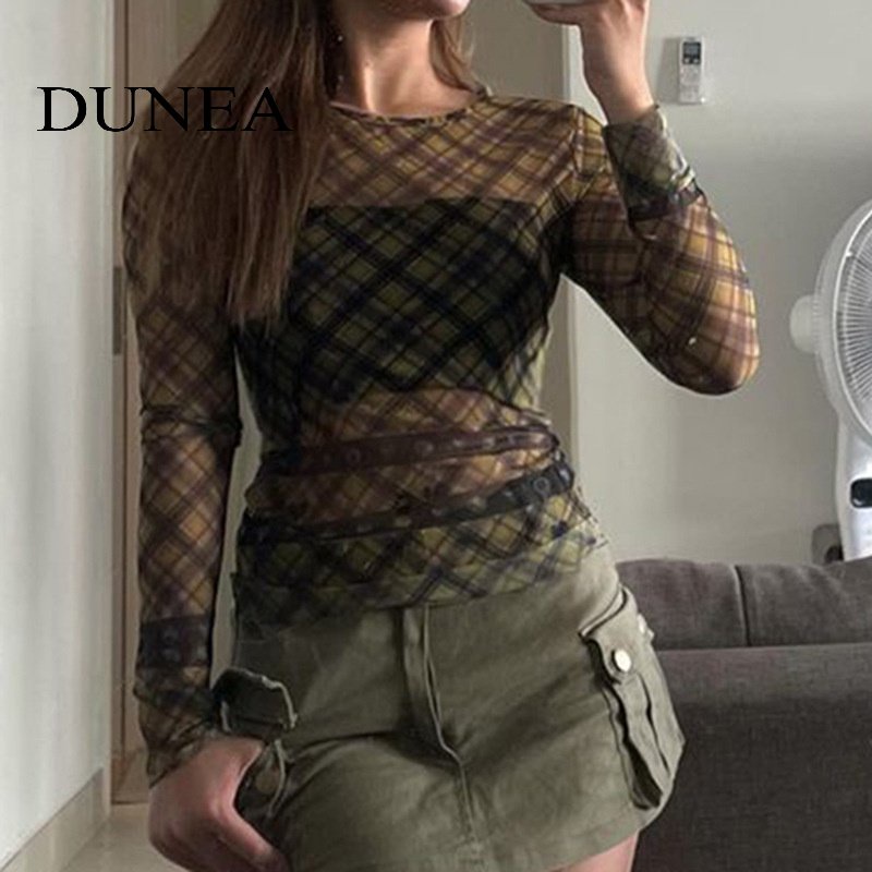 DUNEA Áo Thun Tay Dài Phối Lưới Xuyên Thấu In Họa Tiết Ca Rô Y2K Dành Cho Nữ