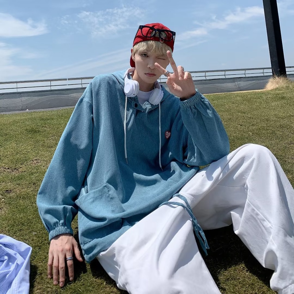 Áo Hoodie Nhung Kẻ Dáng Rộng Phong Cách Thời Trang Đường Phố Nhật Bản Cho Nam Giới Có Size Lớn