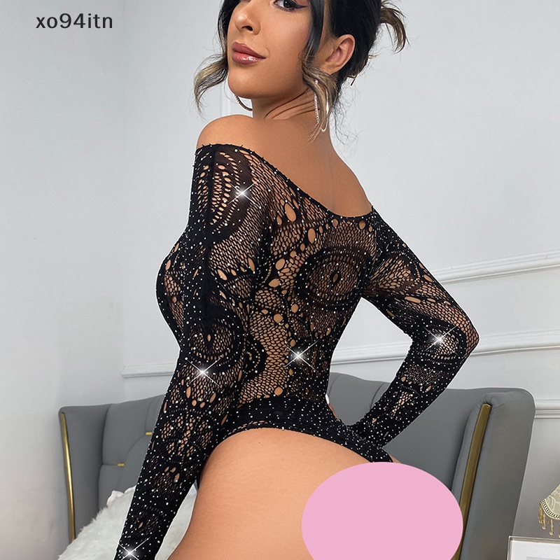 Bộ Áo Liền Quần Tay Dài Hở Vai Phối Lưới Trong Suốt Lấp Lánh Quyến Rũ