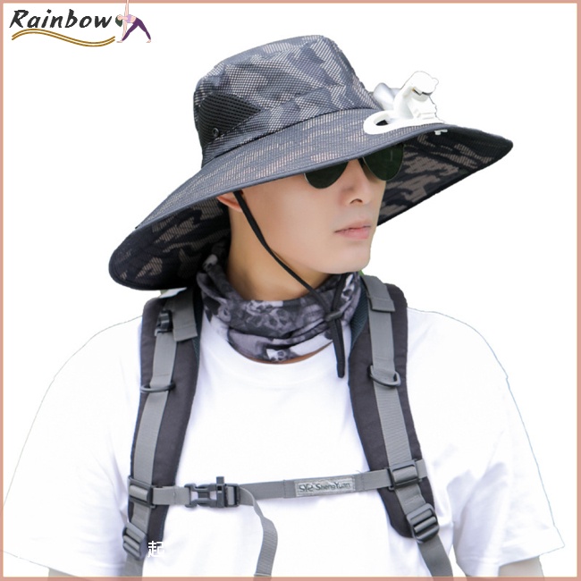 Mũ Bucket Chống Nắng Vành Rộng Thoáng Khí Có Thể Điều Chỉnh Kèm Quạt Họa Tiết Rằn Ri Cho Nam