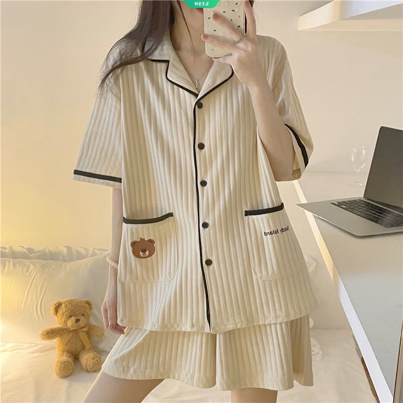 Bộ Đồ Ngủ Họa Tiết Gấu Hoạt Hình Dễ Thương Phong Cách Nhật Bản Thời Trang Xuân Hè Cho Nữ