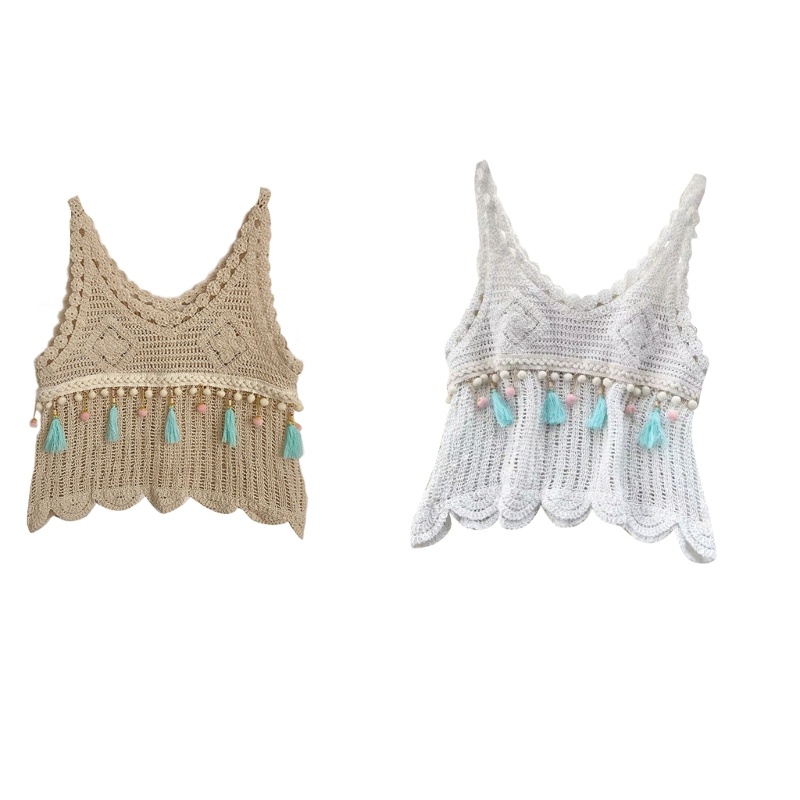 Áo Croptop Dệt Kim Cổ Tròn Phối Tua Rua Thời Trang Mùa Hè Quyến Rũ Cho Nữ