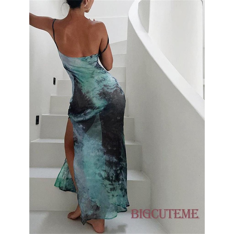 Đầm Dài Chiffon Sát Nách Hở Lưng Cổ Chữ V Họa Tiết Màu Nhuộm Thời Trang Mùa Hè Cho Nữ