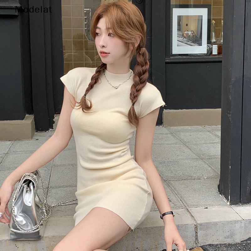 Mfc Đầm Mini Màu Trơn Cổ Cao Gợi Cảm Phong Cách Hàn Quốc Vintage Cơ Bản Mùa Hè Cho Nữ WTD