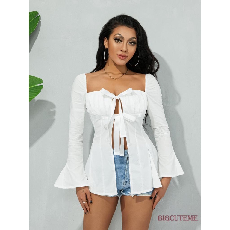 Áo Sơ Mi Dài Tay Cổ Vuông Màu Sắc Đơn Giản Thời Trang Đường Phố Cho Nữ