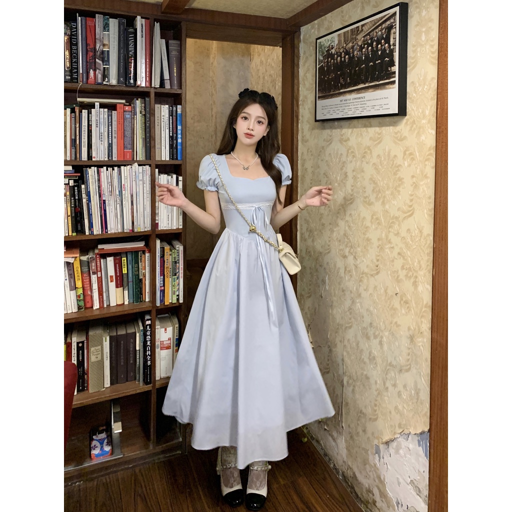 Đầm Dài Dệt Kim Tay Phồng Cột Nơ Phối Họa Tiết Xinh Xắn Thời Trang Cho Nữ