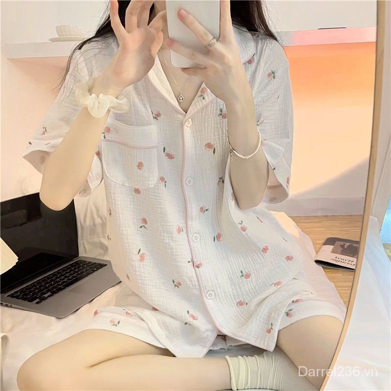 Bộ Đồ Ngủ Hai Mảnh Áo Tay Ngắn In Hình Quả Đào Phong Cách Nhật Bản Thời Trang Mùa Hè Mới 2023