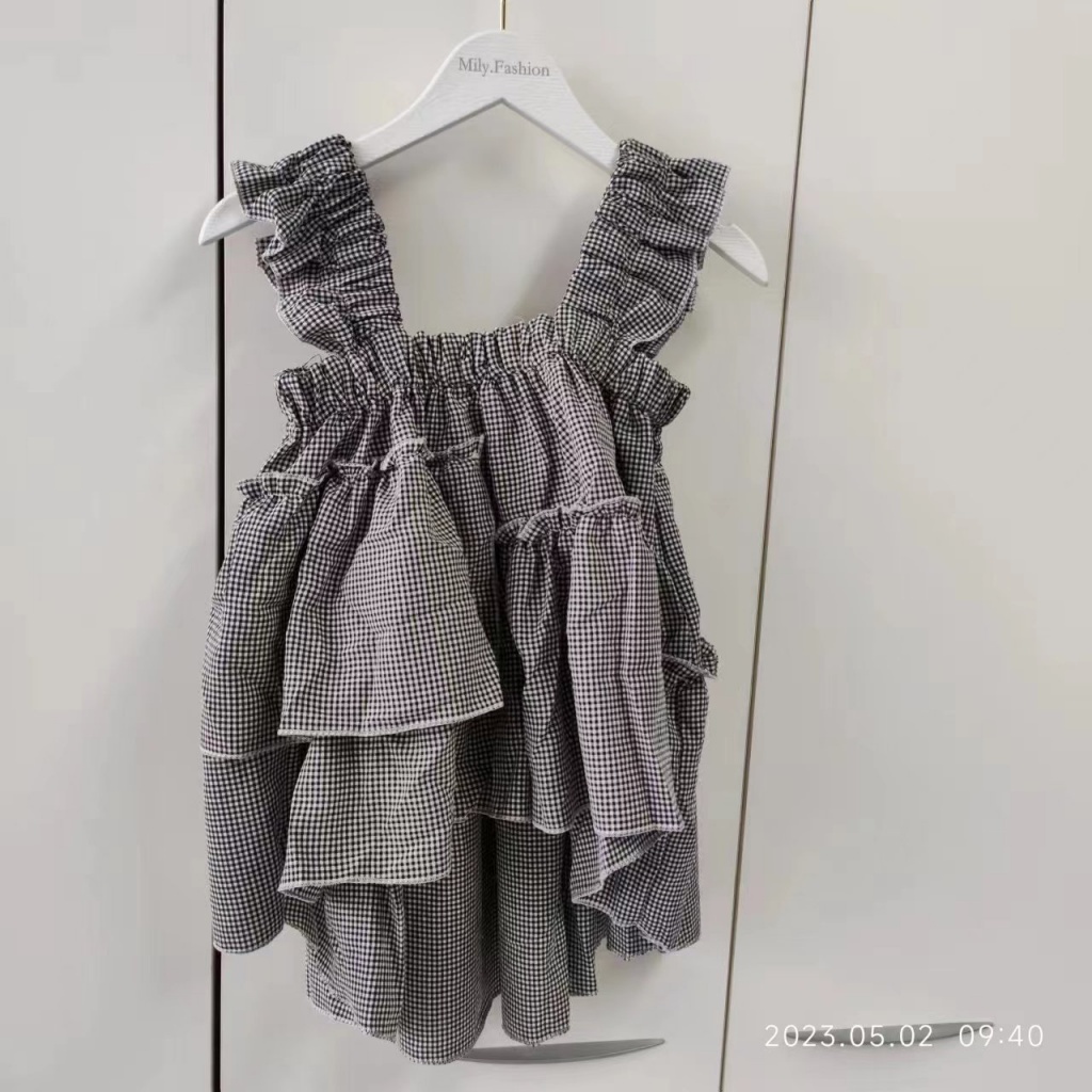 Áo Hai Dây Dáng Rộng Họa Tiết Sọc Caro Phong Cách Pháp Thời Trang Mùa Hè Cá Tính