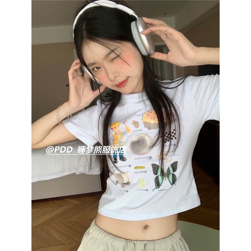 COZOK Áo Thun Croptop Ngắn Tay In Họa Tiết Kiểu Vintage Cá Tính