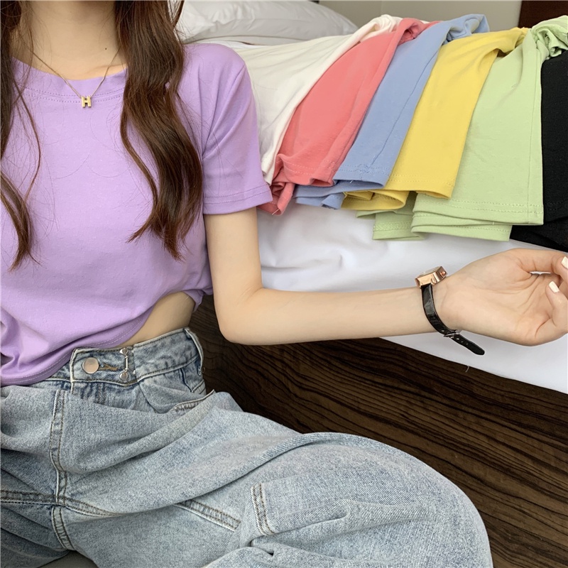 NZN Áo Thun crop top Tay Ngắn Màu Trơn Cổ Tròn Thời Trang Cho Nữ