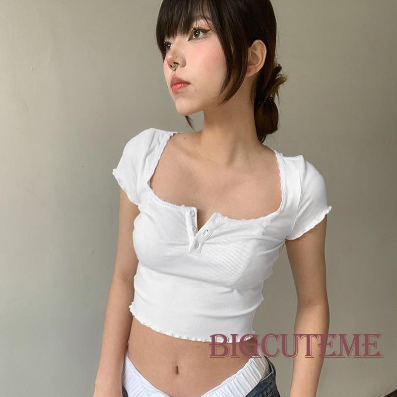 Áo Croptop Dệt Kim Ngắn Tay Cổ Vuông Phối Nút Thời Trang Đường Phố Cho Nữ