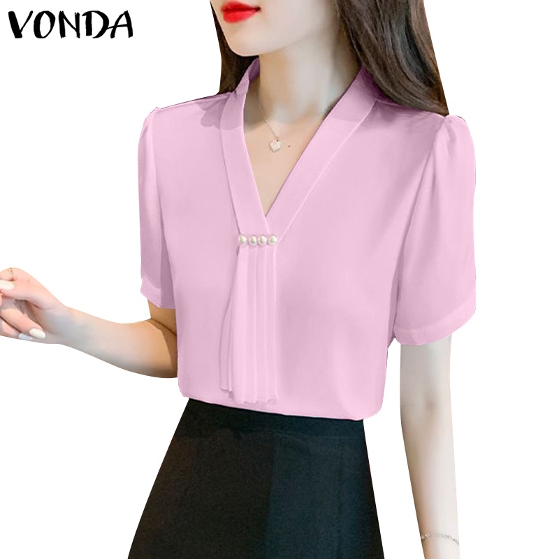 Áo Sơ Mi Tay Ngắn Cổ Chữ V Màu Trơn Đính Hạt Phong Cách Hàn Quốc Thời Trang Cho Nữ