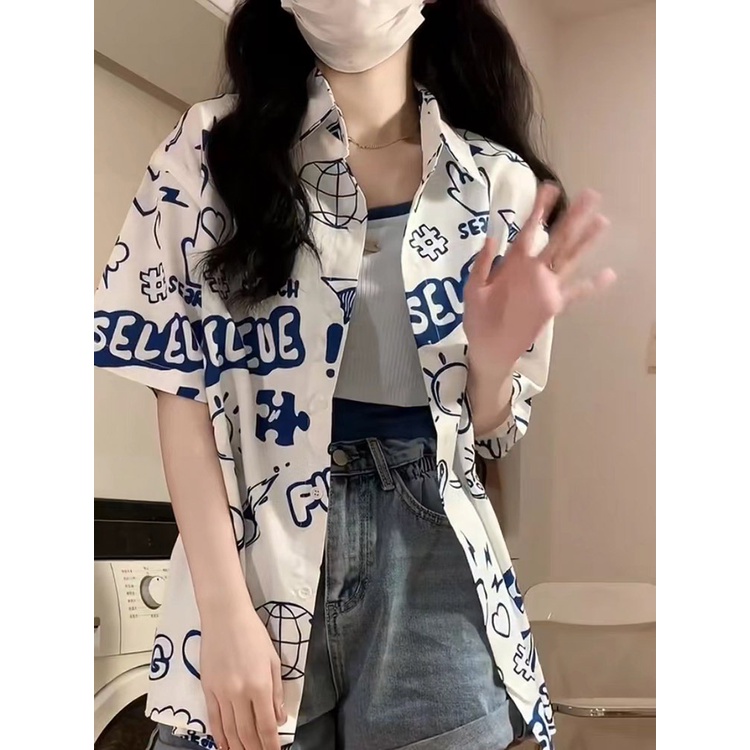 NRVP Áo Sơ Mi Nữ Ngắn Tay In Họa Tiết Độc Đáo Phong Cách Hàn Quốc Mới