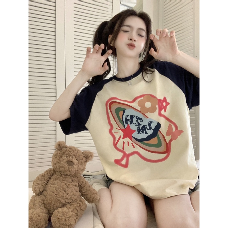 Áo Thun Tay Ngắn Dáng Rộng In Hình Hành Tinh Màu Sắc Đơn Giản Thời Trang Mùa Hè Năng Động