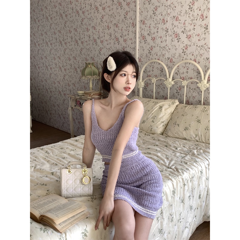 Set Áo Hai Dây + Chân Váy Dệt Kim Đơn Giản Thời Trang Cho Nữ