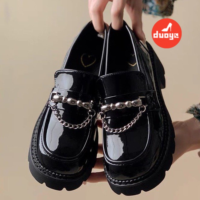 Duoya Giày Lười Đế Dày Bằng Da Cao Su Phong Cách Anh Quốc Cho Nữ Phong Cách
