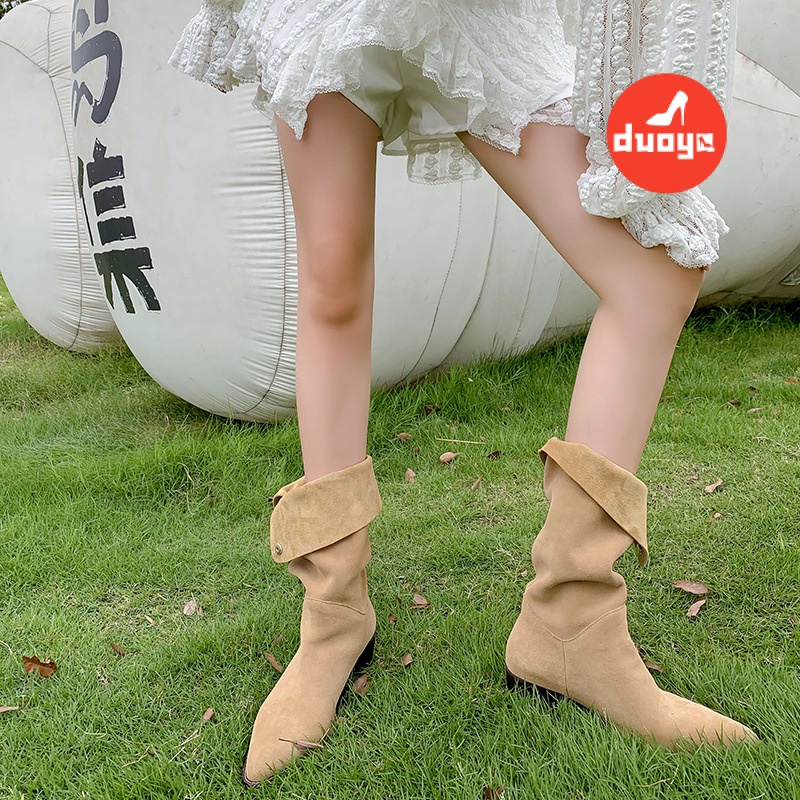 Duoya Factory Thẳng ~ [Cửa Hàng Có Sẵn] Giày Bốt Denim Ba Lỗ Mũi Nhọn Đế Dày Gấp Gọn Đinh Tán Phương Tây Cổ Điển