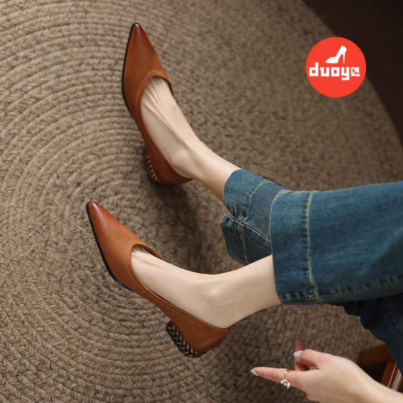 Duoya Tóc Thẳng ~ [Hàng Có Sẵn] Giày Da Mềm Gót Thấp Dày Mũi Nhọn Thoải Mái Mùa Xuân Cho Nữ Miễn Phí Vận Chuyển