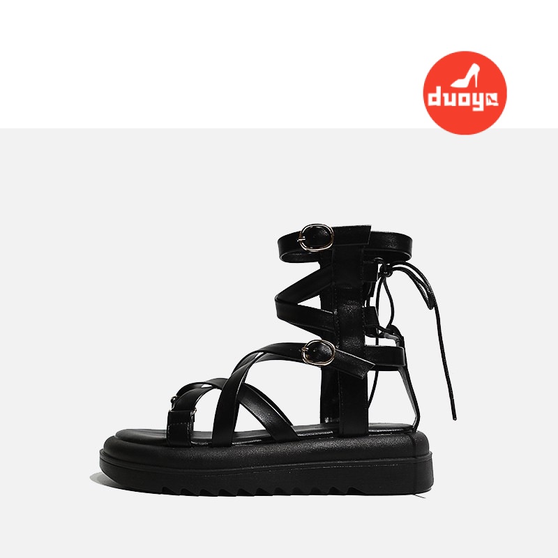 Duoya Tóc Thẳng ~ [Hàng Có Sẵn] Sandal Roman Hở Ngón Đế Dày Bằng Da Mềm Chống Trượt Có Khóa Kéo Bên Hông Dành Cho Nữ